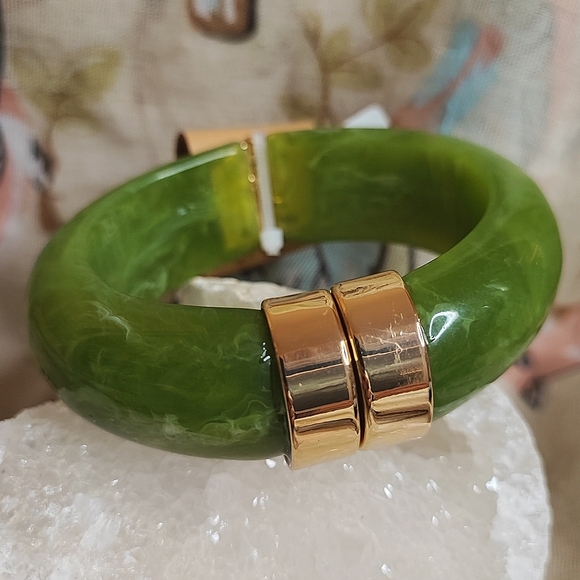 Pink Linen Brand Olive Green Marbled Lucite Gold Tone Hinged Bangle Bracelet NWT - Picture 1 of 11